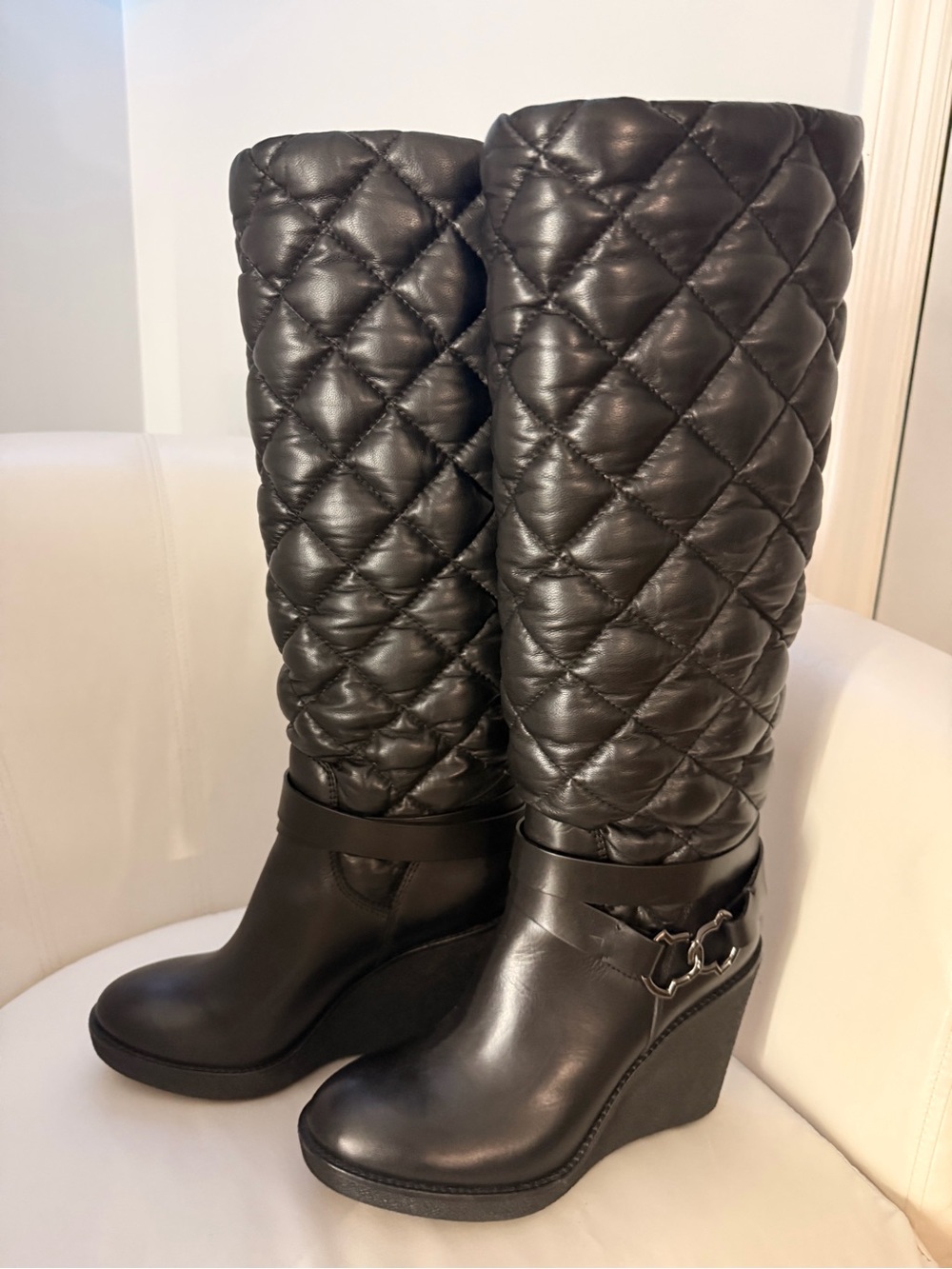 Moncler Nible Black Down Quilted Wedge Boots